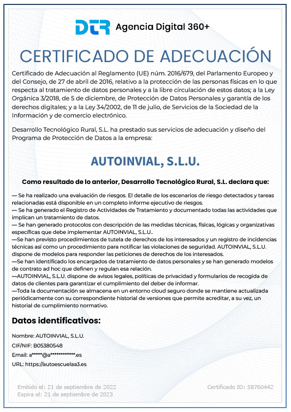 Certificado de adecuación al RGPD de AUTOINVIAL, S.L.U.