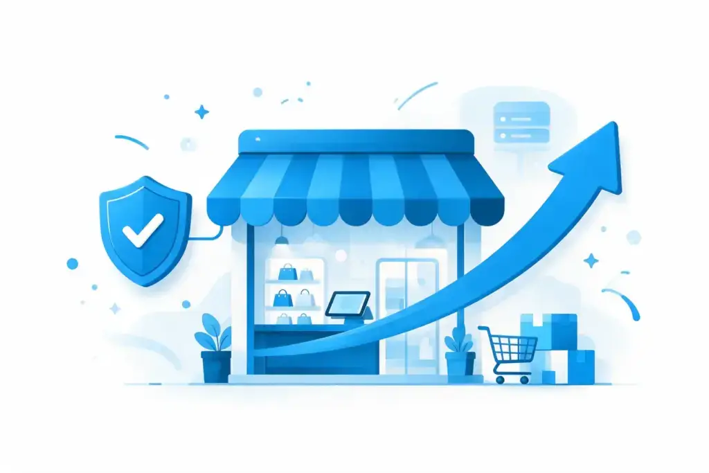Actualizar PrestaShop: tienda online con escudo de seguridad y flecha de versión