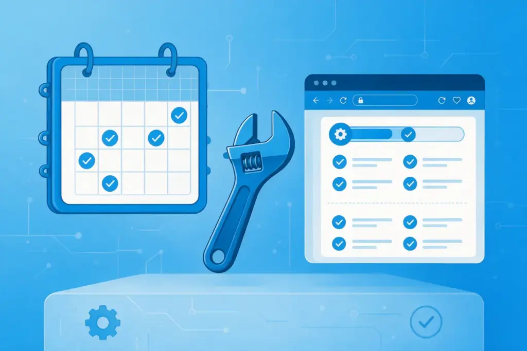 Calendario con tareas marcadas, llave inglesa y navegador: calendario de mantenimiento web WordPress