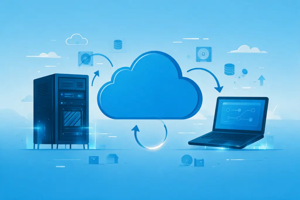 Copias de seguridad en la nube: flechas circulares que respaldan un servidor y un portátil