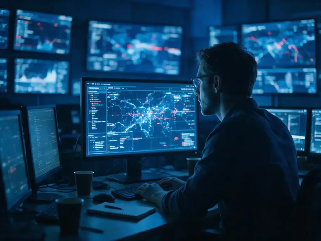 Experto en ciberseguridad vigilando alertas de red