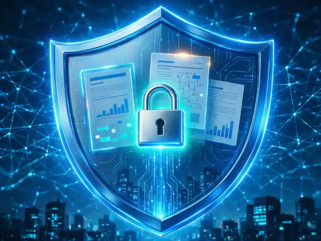 Escudo digital con candado que representa el cumplimiento normativo y la protección de datos