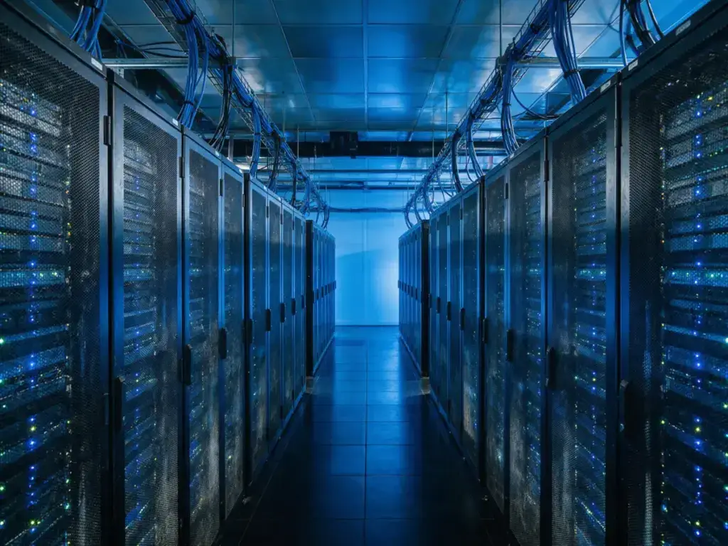 Racks de servidores en un centro de datos con iluminación azul